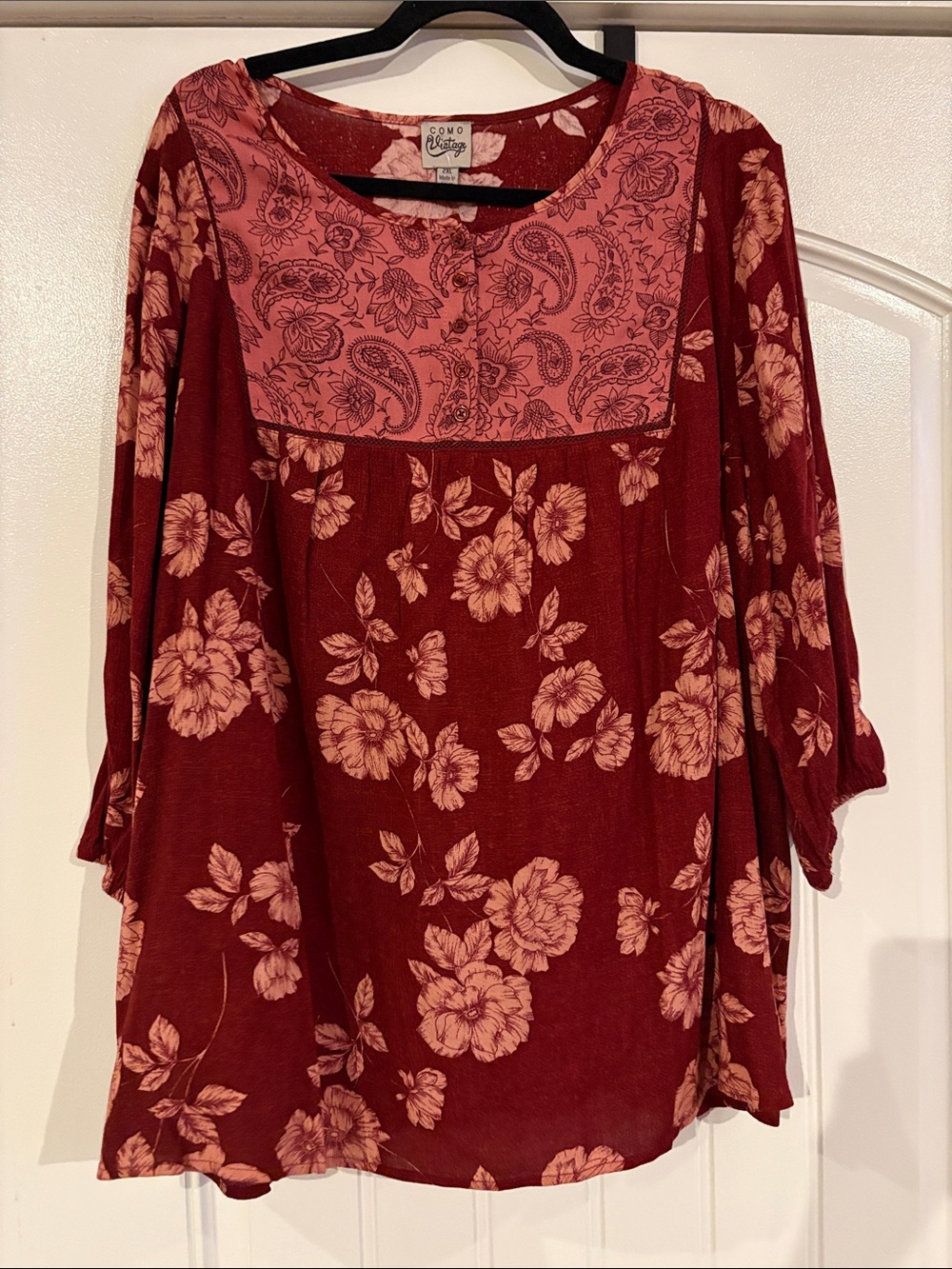 Como Vintage Burgundy and Pink Floral Henley Tunic